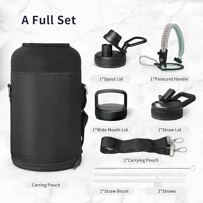 Trebo Water Bottle Insulated with Lid and Straw, Triple Wall Vacuum Stainless Steel Metal Tumbler Sports Flask with Paracord Handle, Keep Cold 48 Hours Water Cup with 3 Lids, Hydrangea