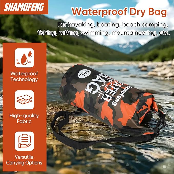 Waterproof Dry Bag 5L/10L/15L/20L/30L Roll Top Dry Storage Backpack with Phone Case, Collapsible Water Bottle, Sunglasses, Ear Band for Kayaking Boating Swimming Fishing Camping, Orange 20L