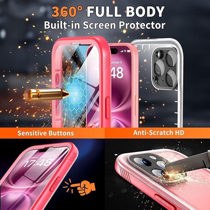 Cozycase for iPhone 16 Pro Case Waterproof - 360 Heavy Duty with Screen/Camera Protector Shockproof IP68 Underwater Dustproof Water Dust Shock Proof Full Body/Front and Back Case Pink/Frosted Clear
