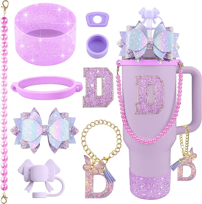 9PCS Purple for Stanley Cup Accessories Set Bling Initials Bow Charms for Stanley Decorations 30/40 Oz Tumbler Accessories Including Bow Straw Topper, Handle Strap, Spill Stopper（Letter D）
