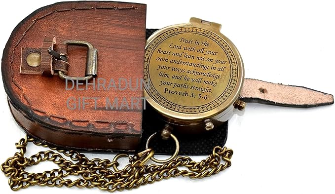 Handmade Vintage Brass Engraved Compass with Chain & Leather Case, Antique Pocket Navigation Compass, Collectible Keepsake Gift for Men Women, Boyfriend, Hiking Camping Maritime Decor