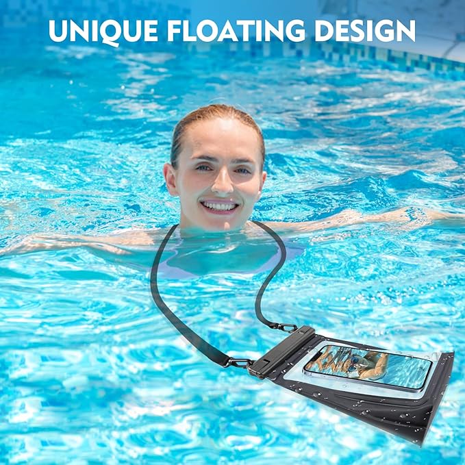 Large Floating Waterproof Phone Pouch [with Sealing Strip], Cell Phone Dry Bag for iPhone 17 16 15 14 13 Pro Max Galaxy Google All Devices, Float Waterproof Bag for Beach Vacation Black