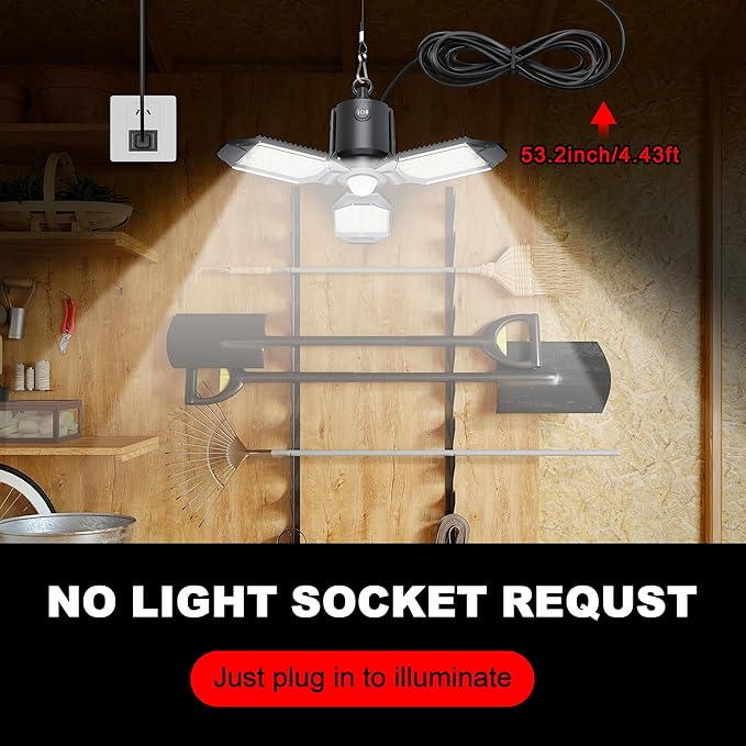 Plug in Garage Light Motion Sensor, 80W 8000LM Motion Sensor Lights Indoor, Deformable LED Shop Motion Activated Bulb for Basement, Warehouse, Barn(1 Pack)