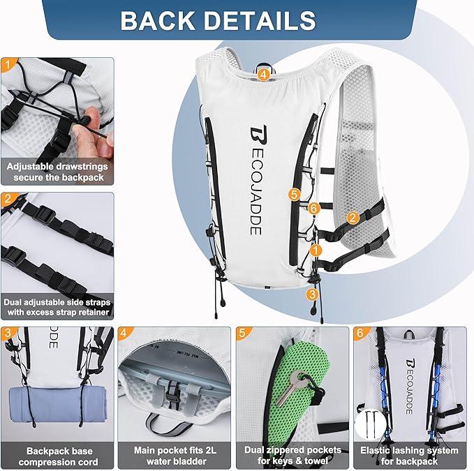 BECOJADDE Running Vest Hydration Backpack for Men Women, 5L Lightweight Running Backpack Hydration Pack for Marathon, Trail, Cycling, Hiking, Jogging