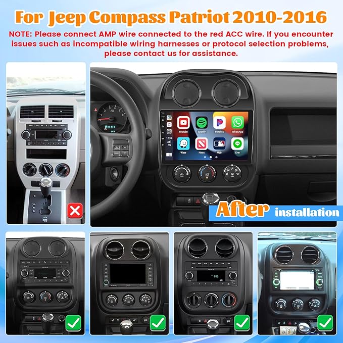 Roinvou 2+64G Android 10.1" Touch Screen for Jeep Compass Patriot 2010-2016 with Wireless CarPlay Android Auto WiFi Bluetooth GPS Navigation FM RDS Radio Backup Camera