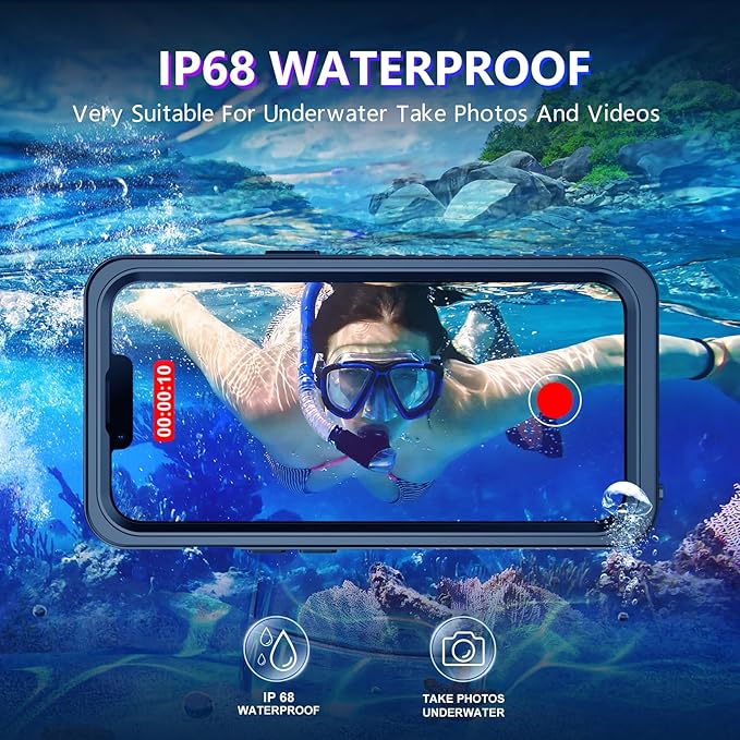 Temdan Compatible with iPhone 13 Case Waterproof, Built-in Screen & Camera Protector IP68 Underwater Full Body 13FT Military Dropproof Shockproof Phone Case 6.1"-Black/Clear-Mag
