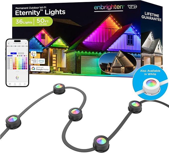 Enbrighten Vibe Eternity Permanent Outdoor Lights for House, 50ft, 36 RGBWIC LEDs, Close Spacing, 33lm, Color Changing, Christmas, Eave Lighting, Smart App, Works with Alexa, Google Home, 82730