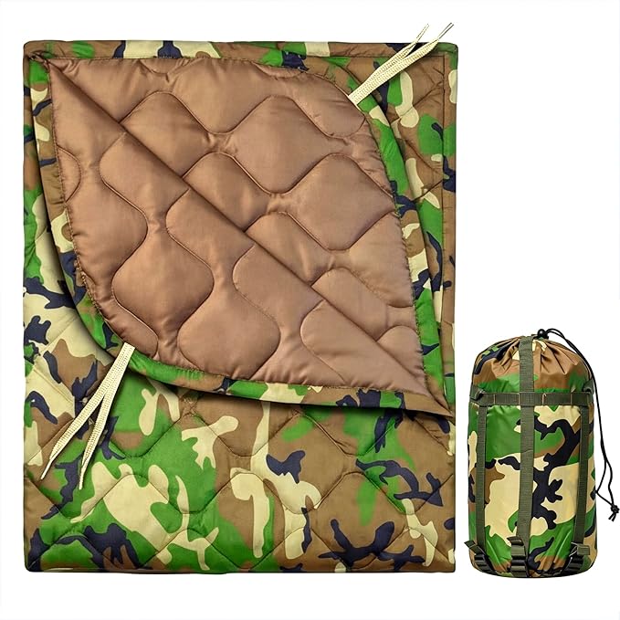 Insulated Camping Blanket | Military Poncho Liner for Hiking Backpacking Travel Hunting & Survival Gear, Water Resistant Outdoor Blanket with Lightweight & Packable Compression Bag (Forest)
