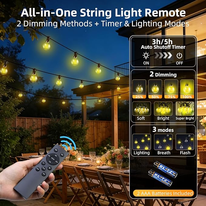 200FT Solar Lights Outdoor Waterproof: G40 60M Shatterproof Bulbs Patio Lights - Solar Powered Remote Control 3 Light Modes Dimmable Solar Light - Camping Backyard Garden Deck Outside Yard