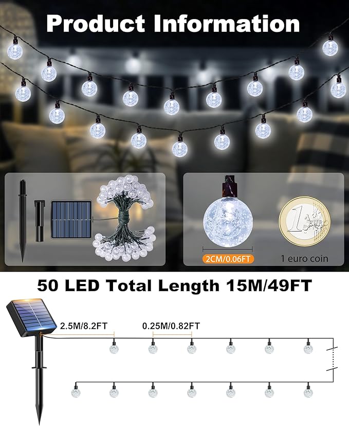 btfarm 4 Pack Solar String Lights Outdoor Waterproof, Each 49 FT 50 LED Solar Powered Patio Light, 8 Lighting Modes Crystal Globe Decoration for Garden Yard Porch Fence Party, Cool White