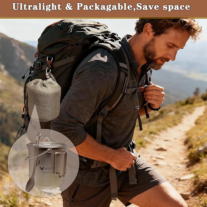 750ml Ultralight Titanium Camping Pot With Lid Spork,With Foldable Handle Detachable Bail For Backpacking, Hiking Mountaineering