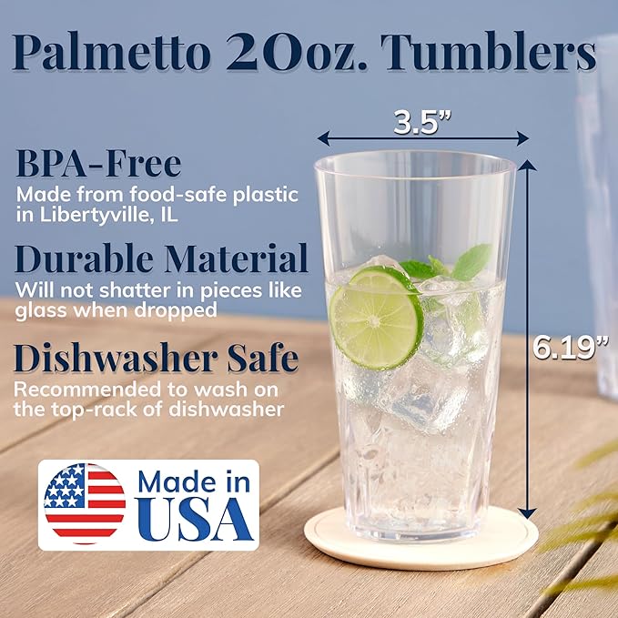 US Acrylic Palmetto [Set of 16] 20 ounce Plastic Stackable Water Tumblers in Clear, Lightweight Value Set of Drinking Cups, Reusable, BPA-free, Made in the USA, Top-rack Dishwasher Safe
