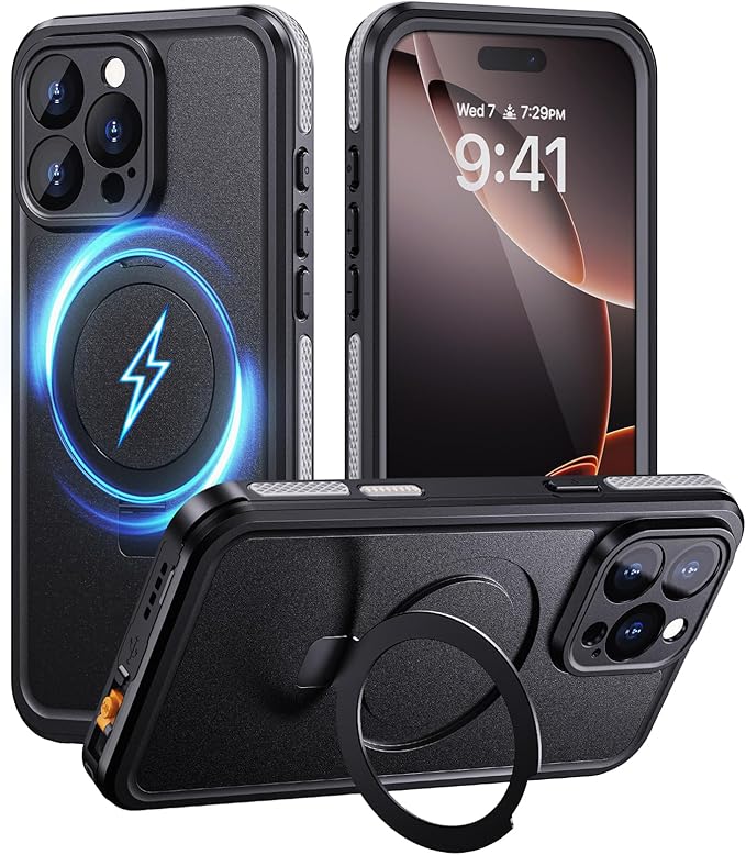Lanhiem Magnetic for iPhone 16 Pro Max Waterproof Case, Dustproof Case Built-in Screen Protector, [Fit for MagSafe] [Invisible Stand] Shockproof Heavy Duty Underwater Case for 16 Pro Max (Black)