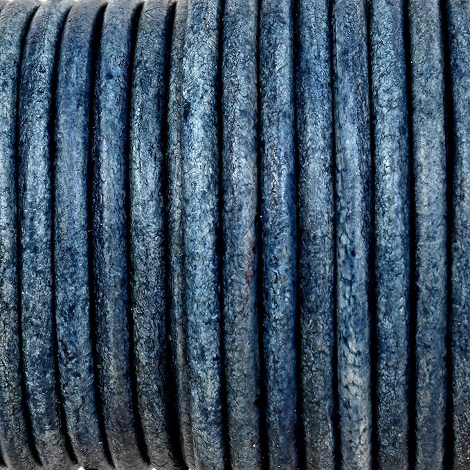 GENIQUE Real/Genuine Round Leather String Cord for Necklace, Bracelets, Jewellery, Braiding (3mm, Blue Distressed)