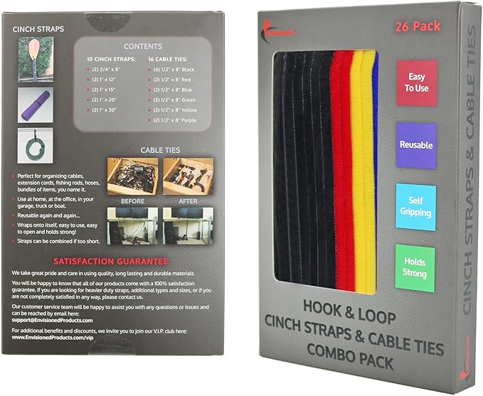 Reusable Cinch Straps & Cable Ties Combo Set, Multipurpose Quality Hook & Loop Cable Organizer, Securing Straps (26 Pack Assortment)