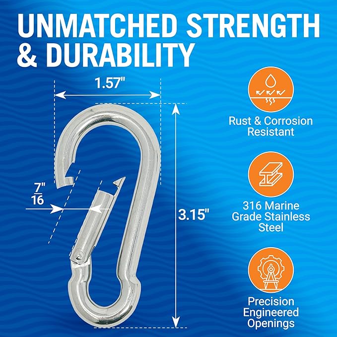 Stainless Steel Carabiner Clip, 4 Pack, 316 Marine Grade, Heavy Duty Spring Snap Hooks, Mini and Large Sizes, 2" to 4" Options