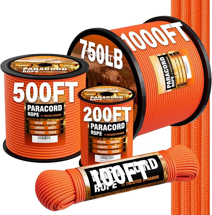 Paracord Rope 750lb - Parachute para Cord 4mm 11 Strand Spool Rope Utility Nylon String for Outdoor Camping Survival Utility Tent Crafting DIY Projects - Orange 200ft