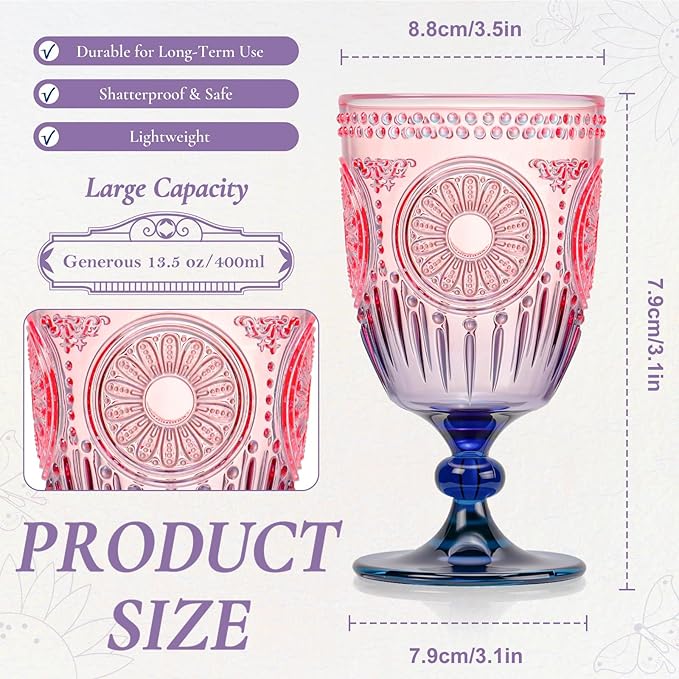 XUWAIDSGN 6Pcs Plastic Vintage Wine Glasses 13.5oz Reusable Embossed Goblet Glasses Pink Blue Gradient Retro Wine Glassware Unbreakable Stemmed Champagne Water Cups for Wine Cocktail Juice Wedding