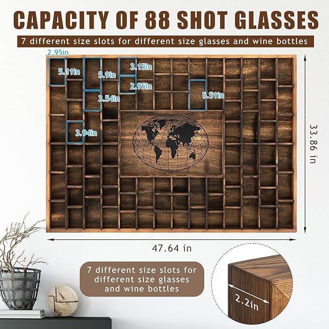 GlikCeil 88 Slots 48 x 34'' Jumbo World Map Shot Glass Display Case Rustic Wood Shot Glass Holder for Different Size Wineglass Bar Shelf Organizer Storage Cabinet Decor