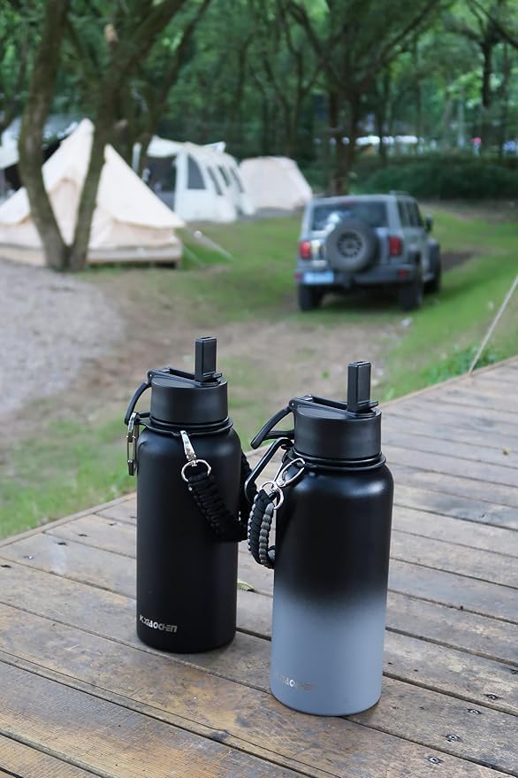 KXIAOCHEN Insulated Water Bottle, Stainless Steel Water Bottle, 2 Lids (Straw and Handle Lid),Wide Mouth Metal Water Bottles Keep Hot and Cold, Double Walled, Thermo Mug, Metal Canteen