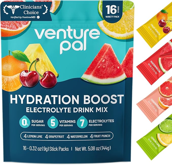 Venture Pal Sugar Free Electrolyte Powder Packets - Liquid Daily IV Hydration Packets for Rapid Rehydration | 7 Electrolytes & 5 Vitamins | Keto Friendly | Non-GMO | Vegan | Fast Dissolve | 16 Sticks