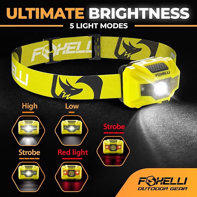 Foxelli USB‑C Rechargeable LED Headlamp – Ultra‑Light 2.4 oz & Bright 180 Lumens – Red/White Light, 5 Modes, IPX5 Waterproof, 40 h Runtime for Trail Running, Camping, Hiking
