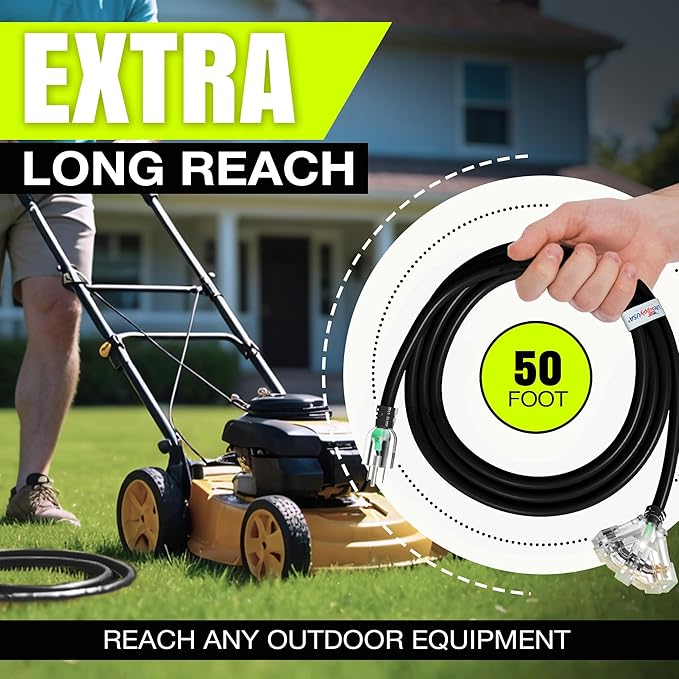 50ft Outdoor/Indoor Extension Cord 3-Outlet 12/3 Gauge Extra Heavy Duty 3 Prong SJTW, Waterproof, Flexible Cold-Resistant Long Power Cord,15A 125V 1875W, Black by LifeSupplyUSA