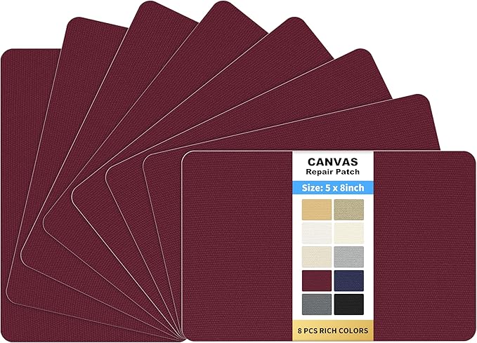 KING MOUNTAIN Canvas Repair Patch 5×8 Inch 8 Pcs Self-Adhesive Waterproof Fabric Patch for Sofas, Tents, Furniture,Tote Bags, Car Seats (Burgundy)