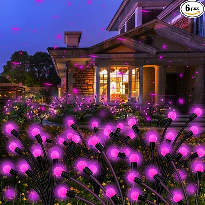 Kohlrabi Solar Garden Lights Outdoor, 6 Pack 48 LED Pink Firefly Lights Waterproof, Sway by Wind, Solar Swaying Light for Yard Patio Backyard Garden Planter Flower Bed Pathway Outdoor Decoration