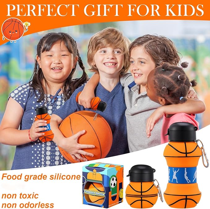Layhit 8 Pcs Basketball Water Bottles 18oz Collapsible Basketball Water Cups for Kids Silicone Sport Party Favors for Players Lovers School Team Gifts Travel Sport Theme Party Accessories