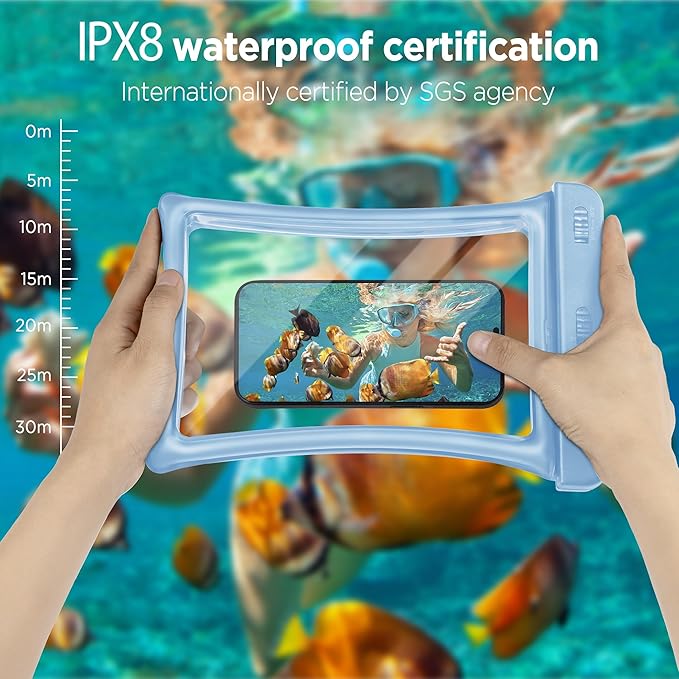 CACOE [Floatable Floating Universal IPX8 Waterproof Phone case 2 Pack-Up to 10.0",Adjustable Lanyard Phone Pouch,Dry Bags for Vacation Beach Pool Kayak Cruise Travel Essentials（White+Light Blue）