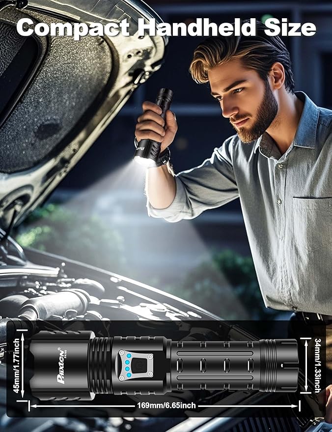 PHIXTON Rechargeable Flashlights High Lumens 10000 Super Bright Long Range 3280FT, Long Lasting 15H Powerful USB C LED Strong Flash Light High Powered, Heavy Duty, Zoomable, for Home Camping Gift