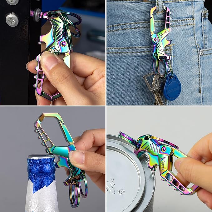 Kivssi Heavy duty metal keychains, Carabiner clip Car key chains,Fashion family keychain bottle opener and 3 Key Rings suitable for men and women.(Black+Multicolor)