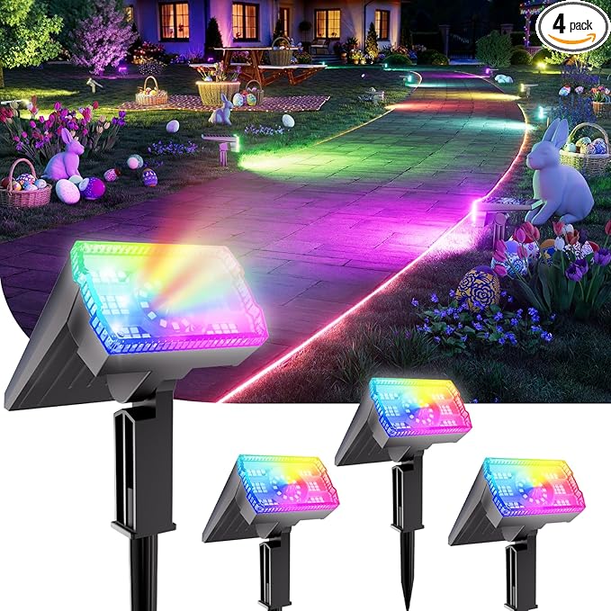 Christmas Solar Spot Lights Outdoor Waterproof 4-Pack, Multicolor RGB Solar Powered Landscape Lights with 6 Colors 10 Modes, 58 LED Adjustable Spotlights for Yard Garden Patio Landscape Pathway Decor