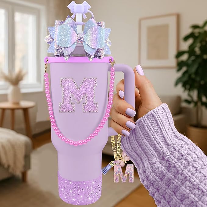 9PCS Purple for Stanley Cup Accessories Set Bling Initials Bow Charms for Stanley Decorations 30/40 Oz Tumbler Accessories Including Bow Straw Topper, Handle Strap, Spill Stopper（Letter M）