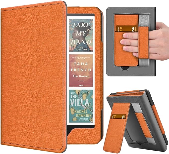 TNP Stand Case with Strap for Kindle Paperwhite 12th Gen 2024 / Kindle Colorsoft Signature Edition - 7" PU Leather Protective Folio Cover with Auto Wake/Sleep & Card Slot, Orange