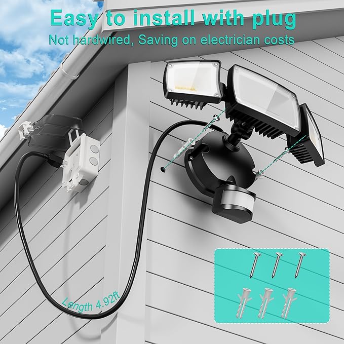 USTELLAR 55W Plug in Motion Sensor Lights Outdoor, Flood Lights Motion Sensor with Remote Control, Dusk to Dawn Security Light for Outside, 5000k, 5500lm, IP65 Waterproof for Porch, Yard-2 Pack
