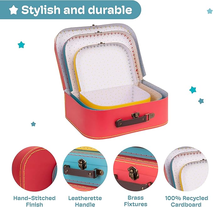 Jewelkeeper Decorative Storage Boxes Set of 3 - World Map Mini Suitcase Style Cardboard Suitcase with Brass Clasps and Handle - Ideal for Travel Decor, Event Props and Gift Presentation