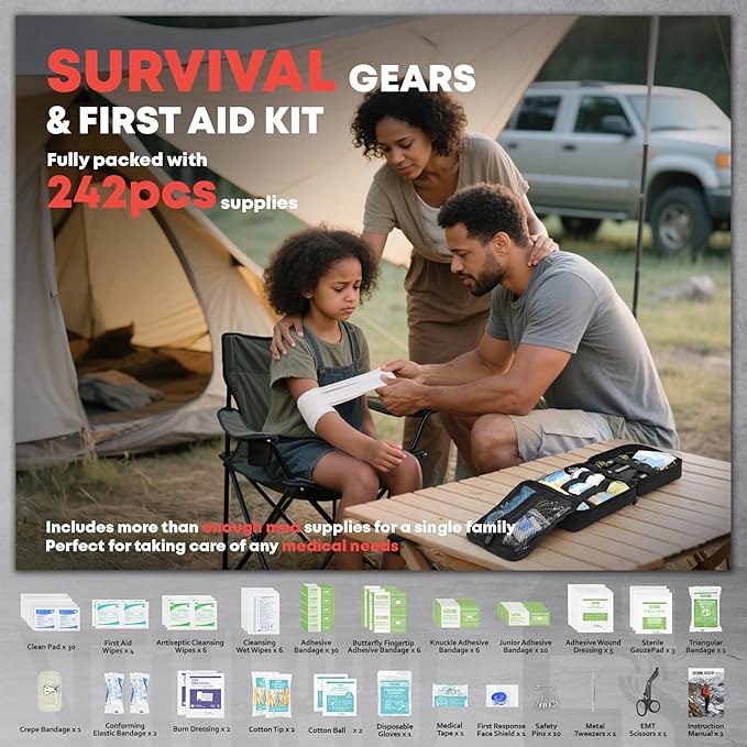 242 Piece First Aid & Survival Kit – Molle Pouch IFAK, 1000D Nylon, Color-Coded Compartments, Medical Kit for Camping, Boat, Hunting, Hiking, Home, Car/Home/Earthquake Emergency (Black)