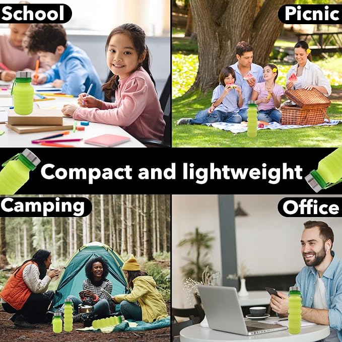 Gadgetime USA Collapsible Water Bottle (Yellow) - Reusable, BPA Free, Silicone, Foldable Portable & Leak Proof - Water Bottles for Travel Gym Camping Hiking - Sports Water Bottle with Carabiner