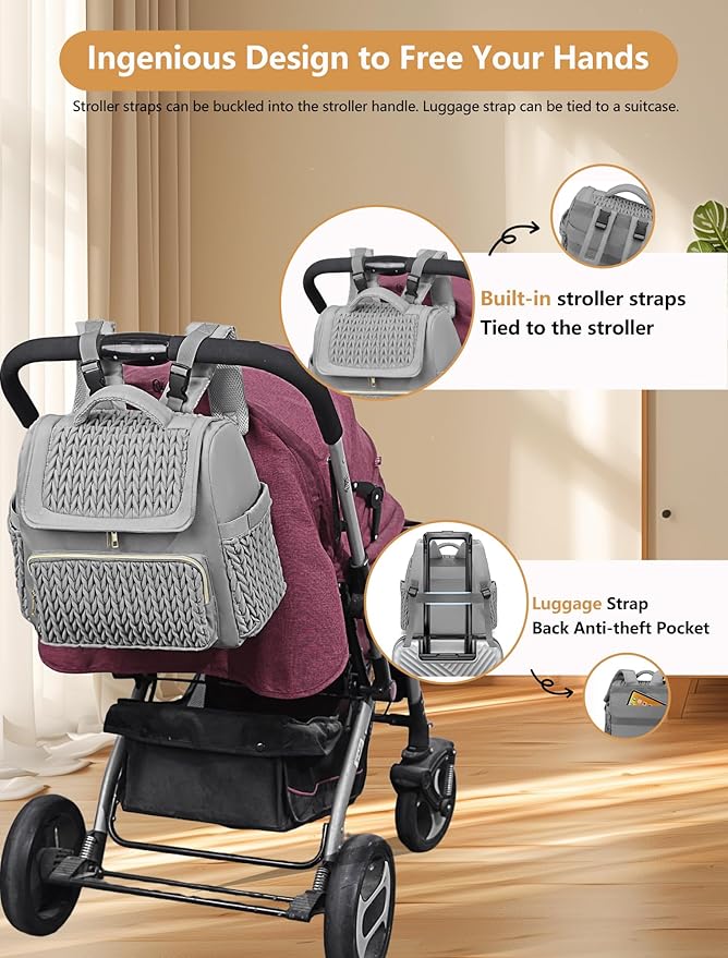 Awanhe Diaper Bag Backpack, Baby Bag with Changing Pad, Travel Waterproof Diaper Bag Tote, Newborn Essentials Must Haves, Luxury baby shower gifts for boys & Girls, Grey