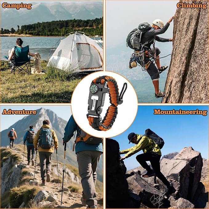 Paracord Survival Bracelet (3 Pack) - Adjustable with Fire Starter, Whistle, Compass - Survival Gear for Hiking, Camping, Fishing, Gifts for Men Dad Husband