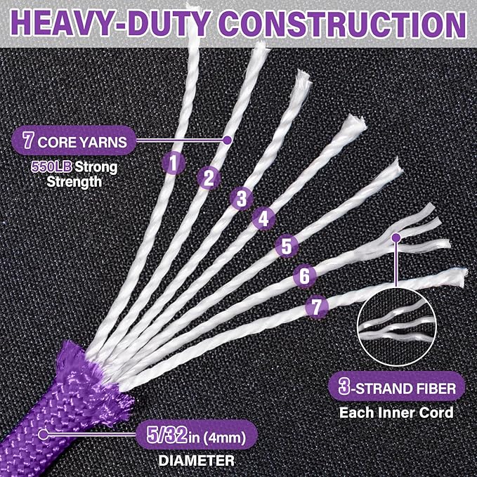 Paracord Rope 550 lb - 100ft 5/32" Parachute Cord 4MM 7-Strand para Cord - Heavy Duty Spool String for Survival,Camping Gear, Survival Bracelet, Clothesline - Purple