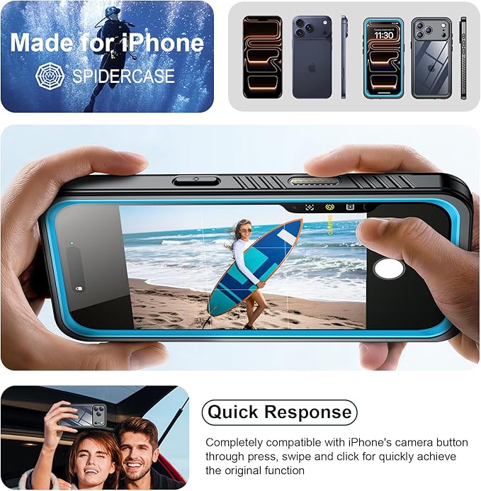 SPIDERCASE for iPhone 17 Pro Max Case Waterproof, Built-in Lens & Screen Protector, Full Heavy Duty Protection, 12FT Military Shockproof, Dustproof, Anti-Scratched Phone Case,Blue/Clear