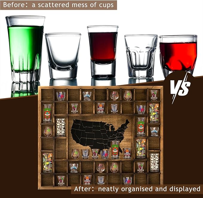 GlikCeil Large Map Slots Shot Glass Display Case Rustic Wood Holder for Different Size Shelf Organizer Wall Mount Pint Shot Glass Storage(Brown,28 x 22.6'',American Map)