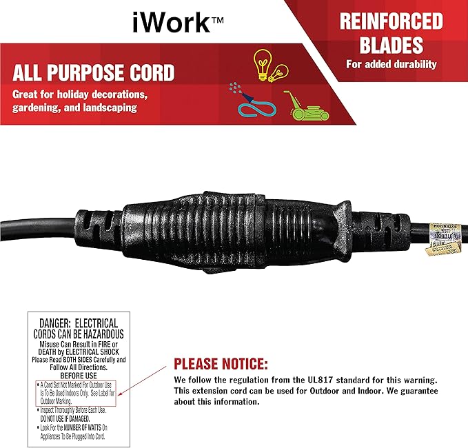 25 Ft Black Extension Cord 3 Prong, Weather-Resistant 16/3 SJTW, 1625 Watt, 13 AMP Rating with UL Listed for Indoor and Outdoor Uses