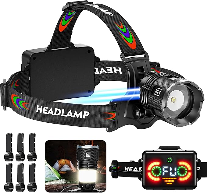 220000 Lux Bright Camping Headlamp Function 17 Modes Motion Sensor Adjustable Focus, More Than 95H Standby IP65 Waterproof, 125°Angle Head Lamp for Fishing Hiking Bike Hardhat