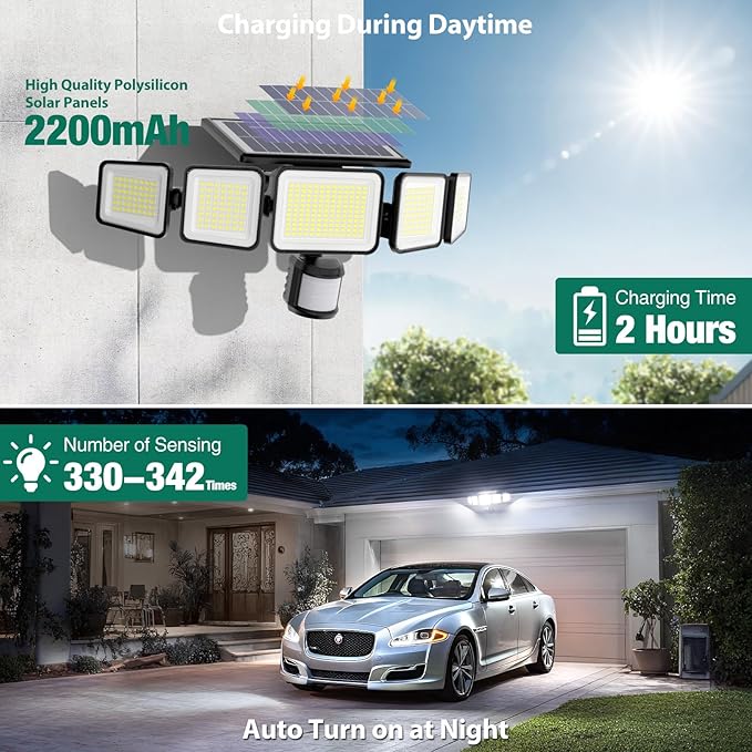 Solar Lights Outdoor 4000LM 236 LEDs Motion Sensor Outdoor Lights, 5 Heads Security Wall Lights,3 Mode, IP65 Waterproof Flood Lights with Remote Control for Garden, Backyard,2 Pack