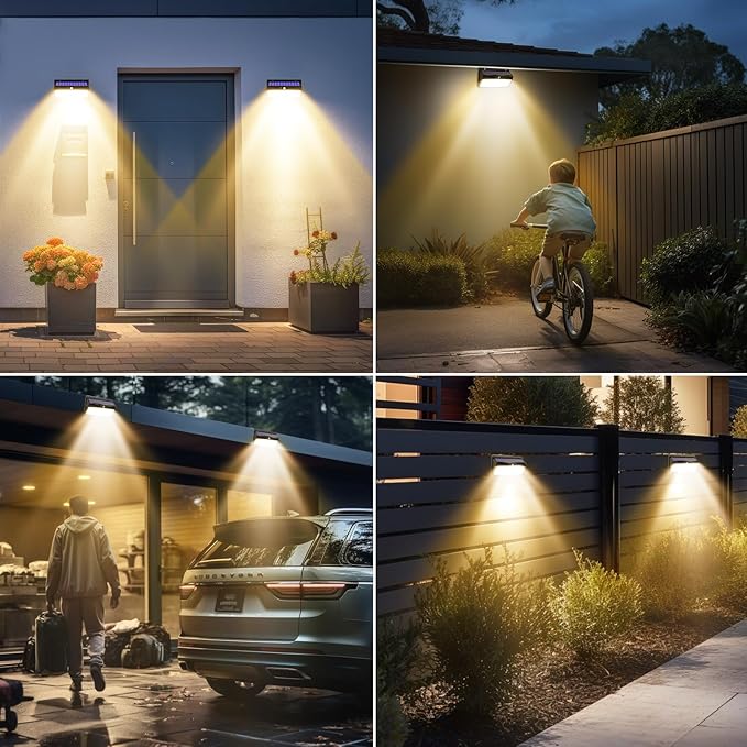 368 LED Solar Motion Sensor Lights Outdoor, Solar Fence Lights with 3 Lighting Modes, Solar Powered Security Lights Waterproof for Outside Yard Wall Garden Backyard Step, Warm White