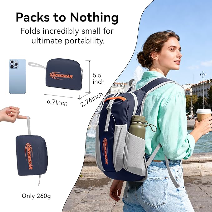 16L Small Hiking Backpack, CROSSGEAR Lightweight Waterproof Foldable Backpack, Travel Camping Outdoor Daypack for Women Men, Navy Blue